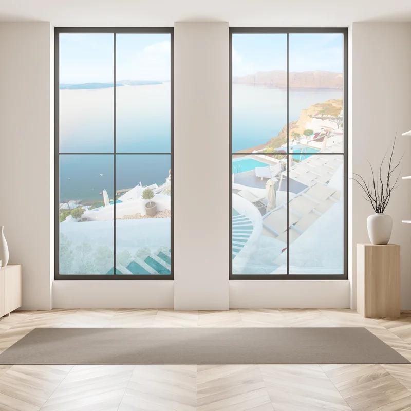 Naklejka na okno Santorini widok na morze z tarasu