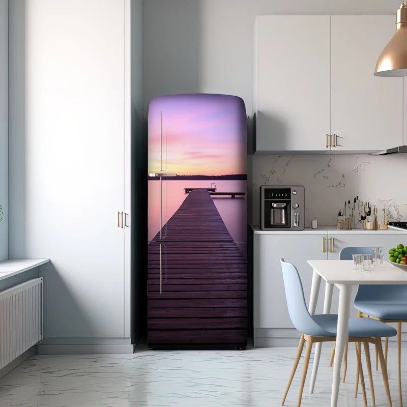 Kühlschrankaufkleber ruhiger pastellsonnenuntergang am see mit steg