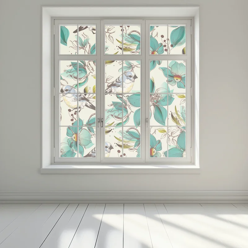 Fensteraufkleber retro türkis blumen- und vogelmuster Fensteraufkleber retro türkis blumen- und vogelmuster