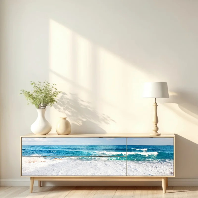 Repositionierbarer Aufkleber türkisfarbene wellen am sandstrand