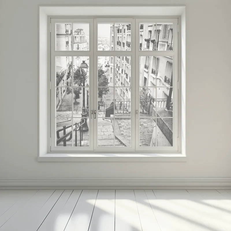 Fensteraufkleber städtische treppe in schwarzweiß