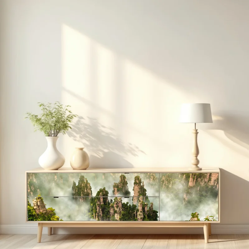 Repositionierbarer Aufkleber neblige säulen von Zhangjiajie