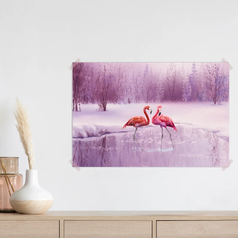 Poster pastell flamingos über winterlichem see Poster pastell flamingos über winterlichem see