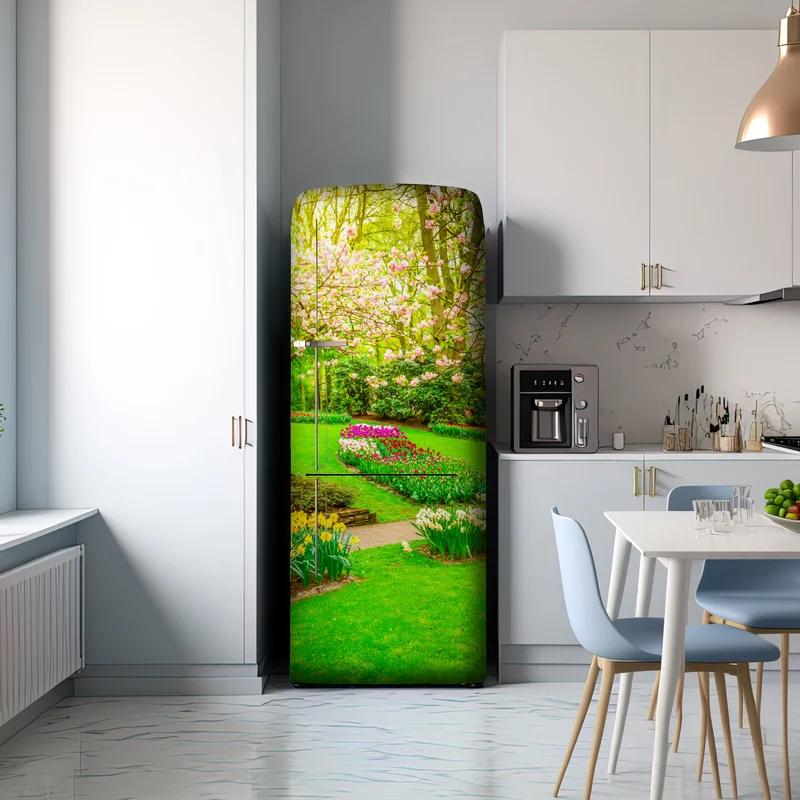 Kühlschrankaufkleber frühlingsgarten in blüte: tulpen und kirschblüten Kühlschrankaufkleber frühlingsgarten in blüte: tulpen und kirschblüten