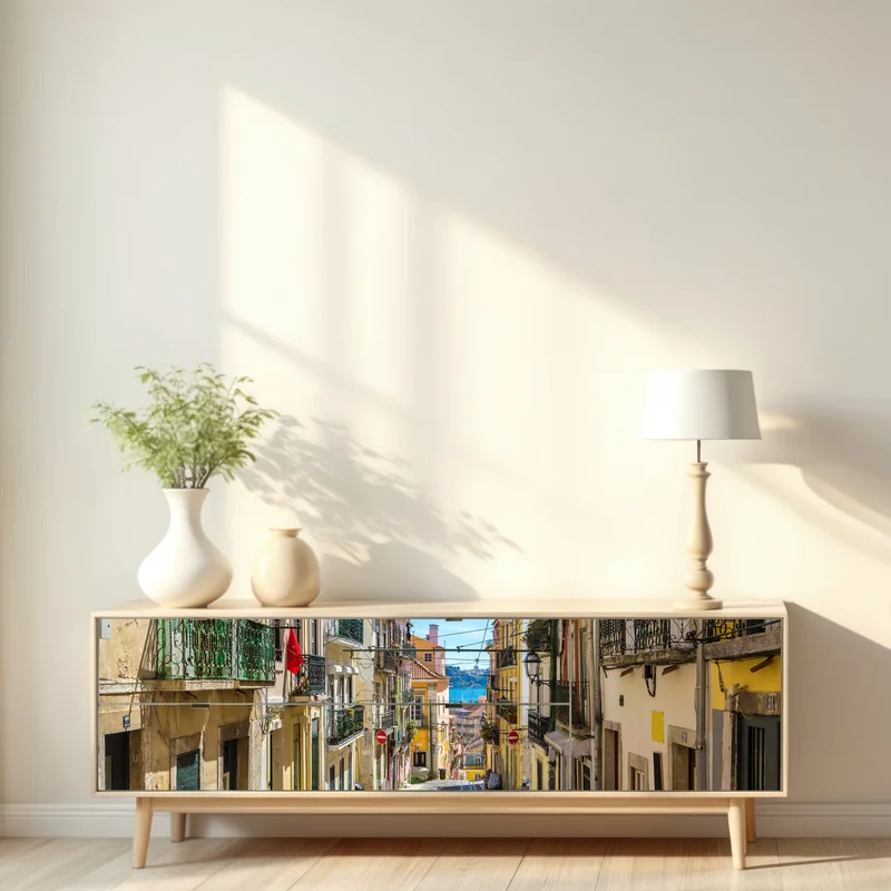 Repositionierbarer Aufkleber alte straße in Lissabon an einem sommerlichen tag