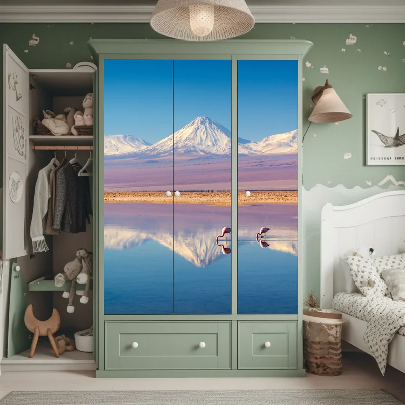 Schrankaufkleber Laguna Chaxa mit flamingos und Licancabur Schrankaufkleber Laguna Chaxa mit flamingos und Licancabur