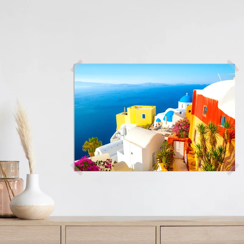 Poster sonniges Santorini küstendorf Poster sonniges Santorini küstendorf