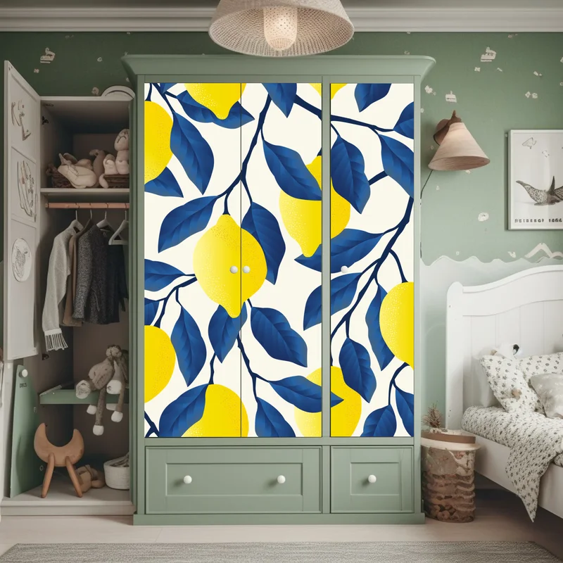 Schrankaufkleber lebhaftes zitronenmuster mit blauen blättern