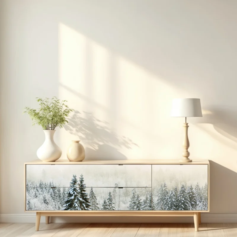 Repositionierbarer Aufkleber verschneiter wald im sanften nebel Repositionierbarer Aufkleber verschneiter wald im sanften nebel