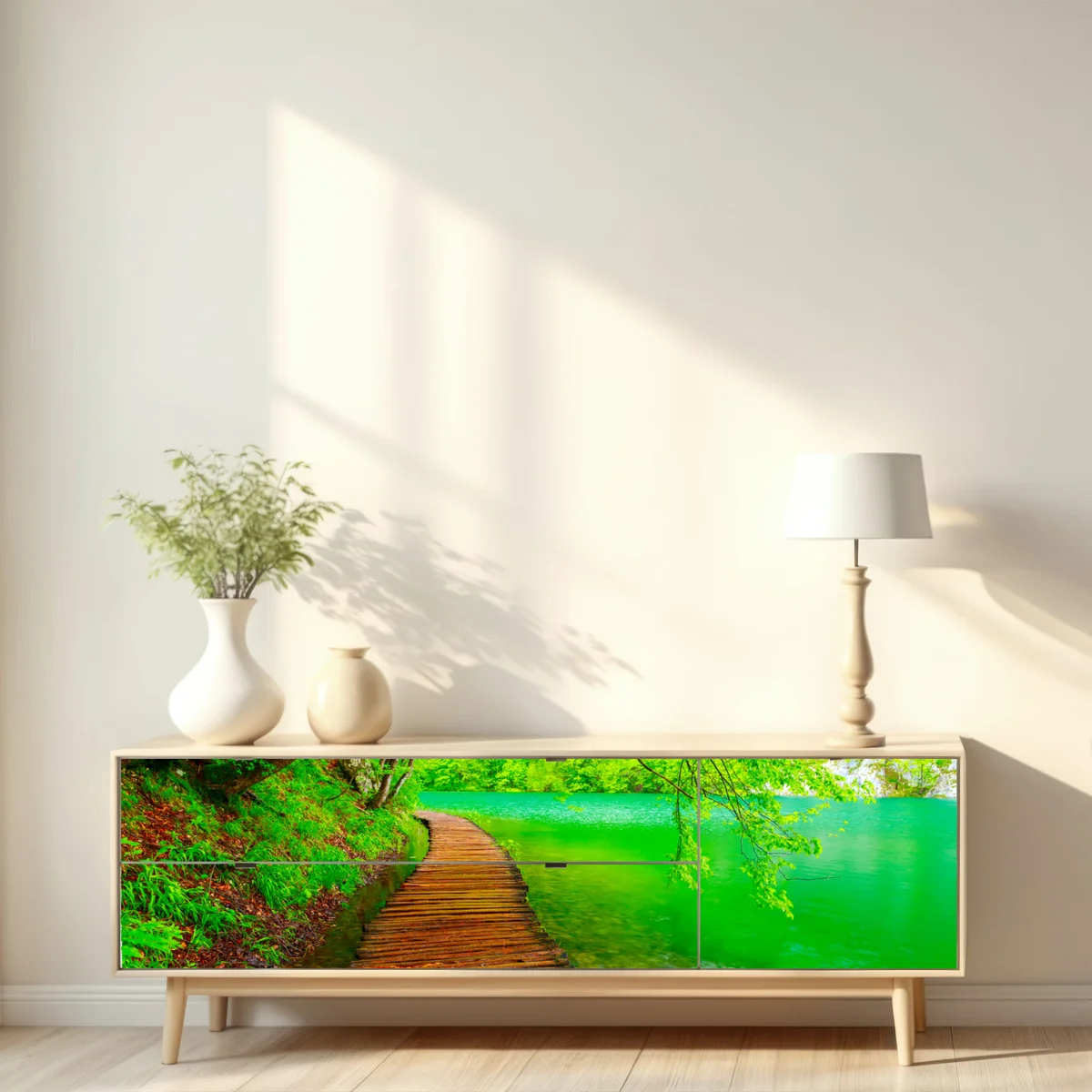 Repositionierbarer Aufkleber ruhiger grüner steg am see Repositionierbarer Aufkleber ruhiger grüner steg am see