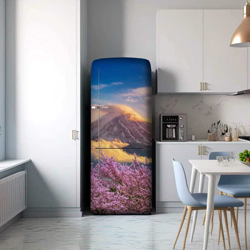 Kühlschrankaufkleber Berg Fuji mit blühenden kirschblüten bei sonnenaufgang