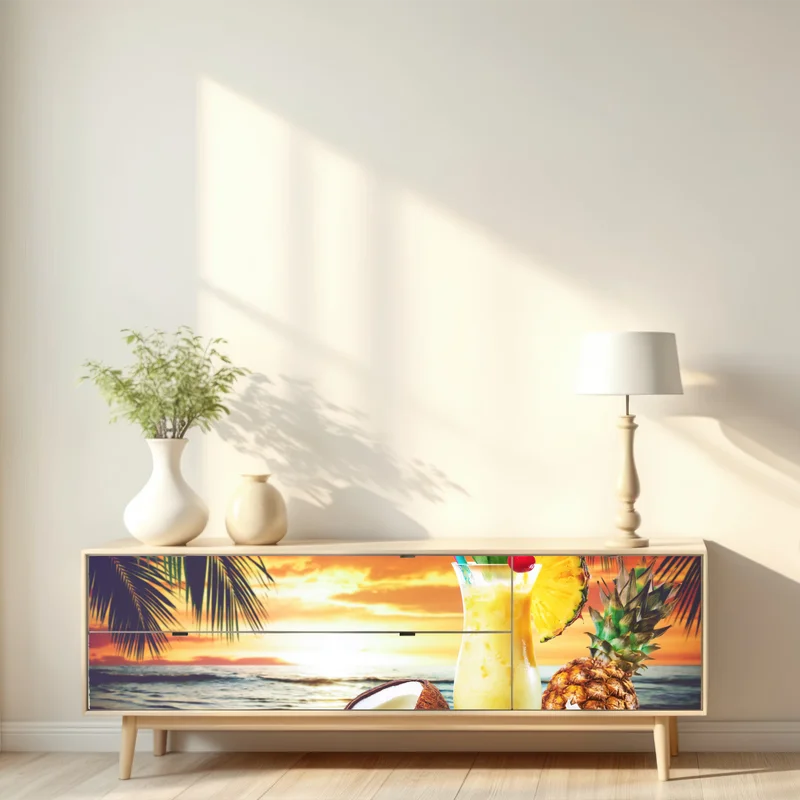 Repositionierbarer Aufkleber tropischer kokos-ananas-cocktail am strand bei sonnenuntergang Repositionierbarer Aufkleber tropischer kokos-ananas-cocktail am strand bei sonnenuntergang