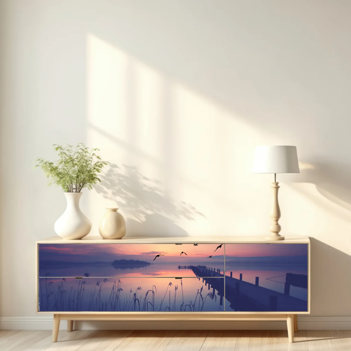 Repositionierbarer Aufkleber ruhiger sonnenaufgang am see mit vögeln Repositionierbarer Aufkleber ruhiger sonnenaufgang am see mit vögeln