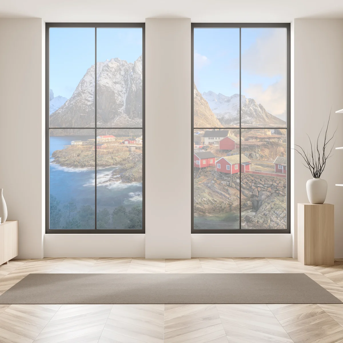 Fensteraufkleber küstendorf in Norwegen mit roten fischerhütten Fensteraufkleber küstendorf in Norwegen mit roten fischerhütten