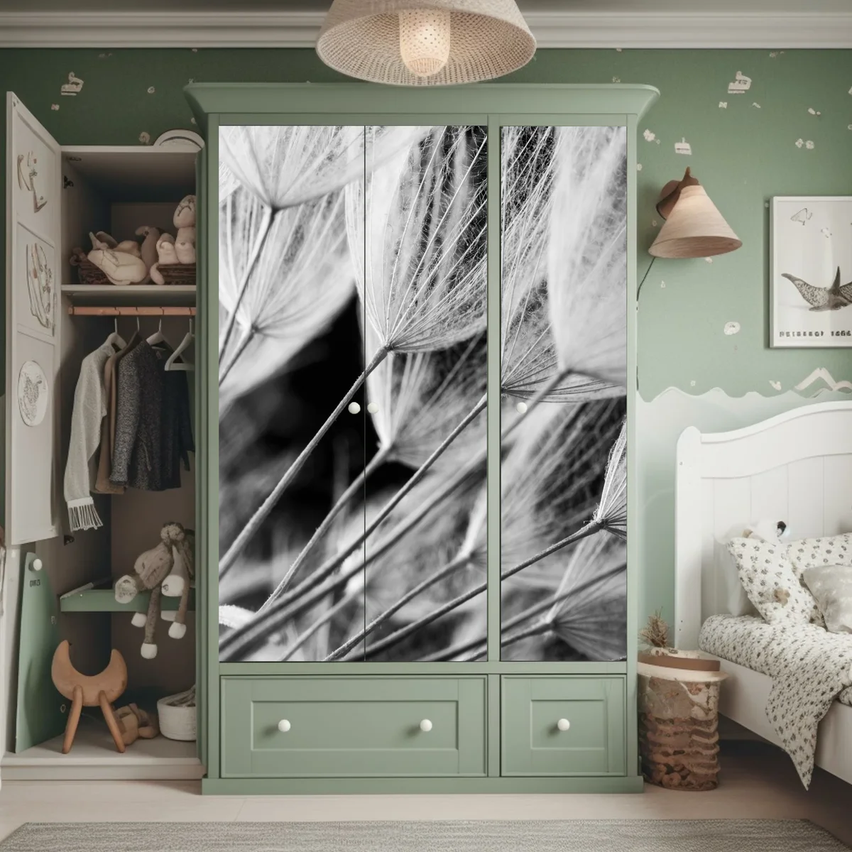 Schrankaufkleber zarte nahaufnahme von löwenzahnsamen in monochrom Schrankaufkleber zarte nahaufnahme von löwenzahnsamen in monochrom