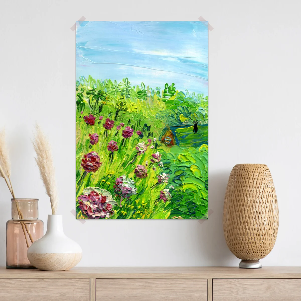 Poster pfingstrosenwiese im frühling — impasto blumenbild Poster pfingstrosenwiese im frühling — impasto blumenbild