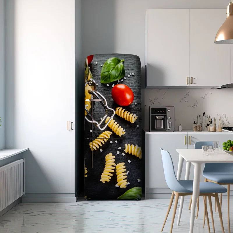 Kühlschrankaufkleber pasta zutaten arrangiert mit tomaten und basilikum