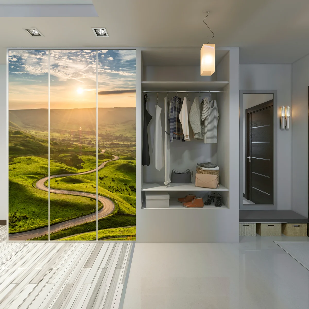 Schrankaufkleber goldener sonnenuntergang über einer geschwungenen landstraße Schrankaufkleber goldener sonnenuntergang über einer geschwungenen landstraße