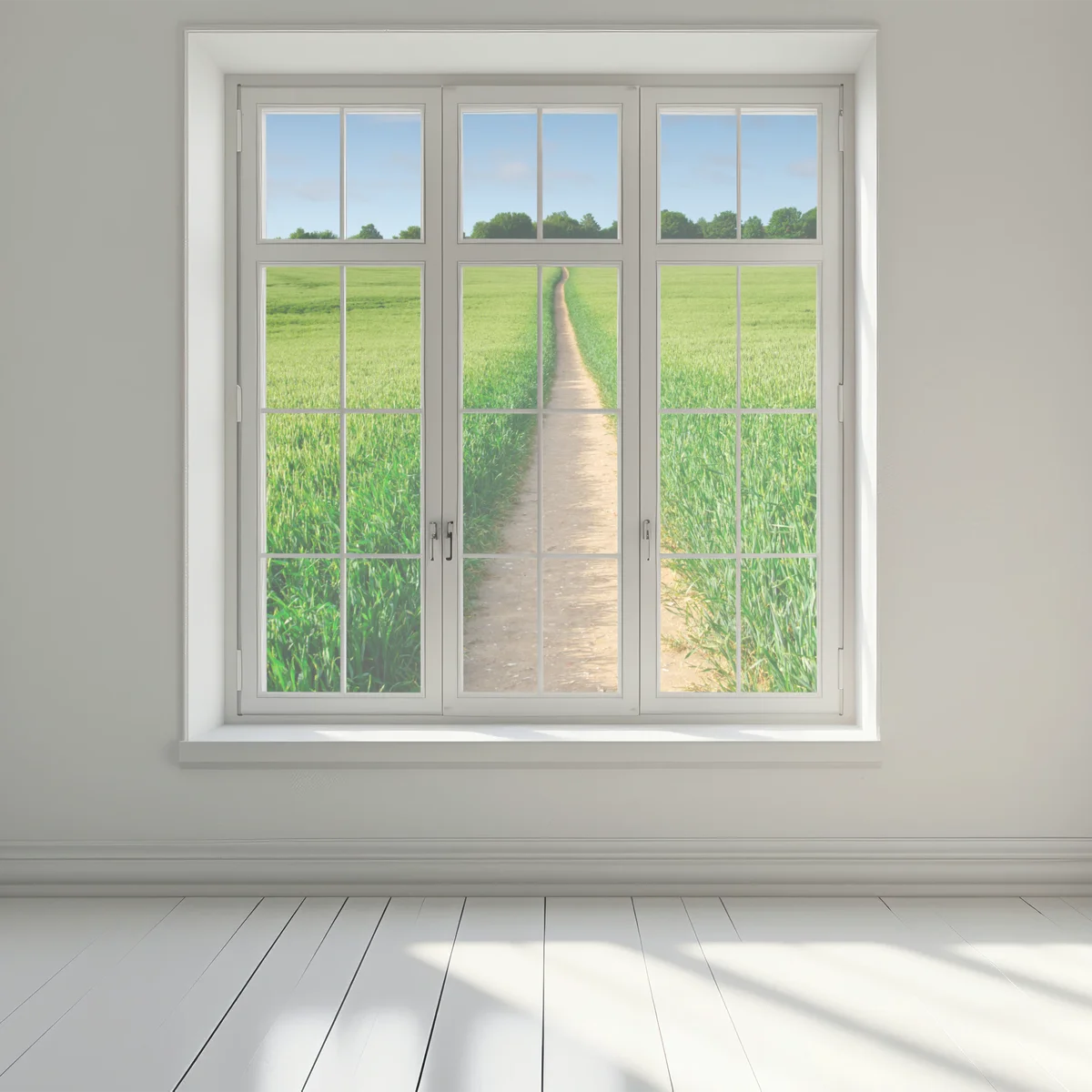 Naklejka na okno słoneczna ścieżka przez zieloną łąkę Naklejka na okno słoneczna ścieżka przez zieloną łąkę