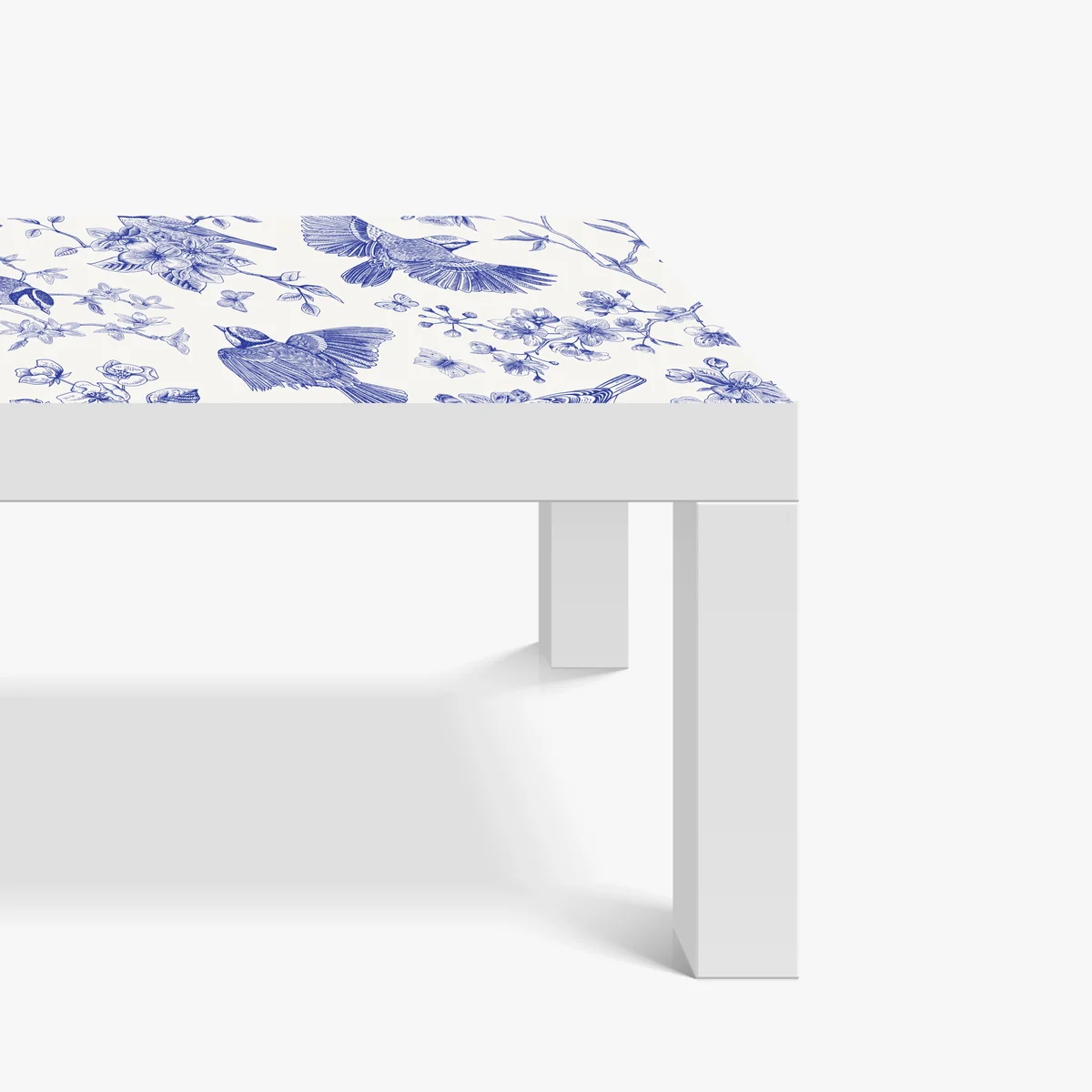 Tischaufkleber und Schreibtischaufkleber blaues muster mit vögeln und blüten im vintage-stil Tischaufkleber und Schreibtischaufkleber blaues muster mit vögeln und blüten im vintage-stil
