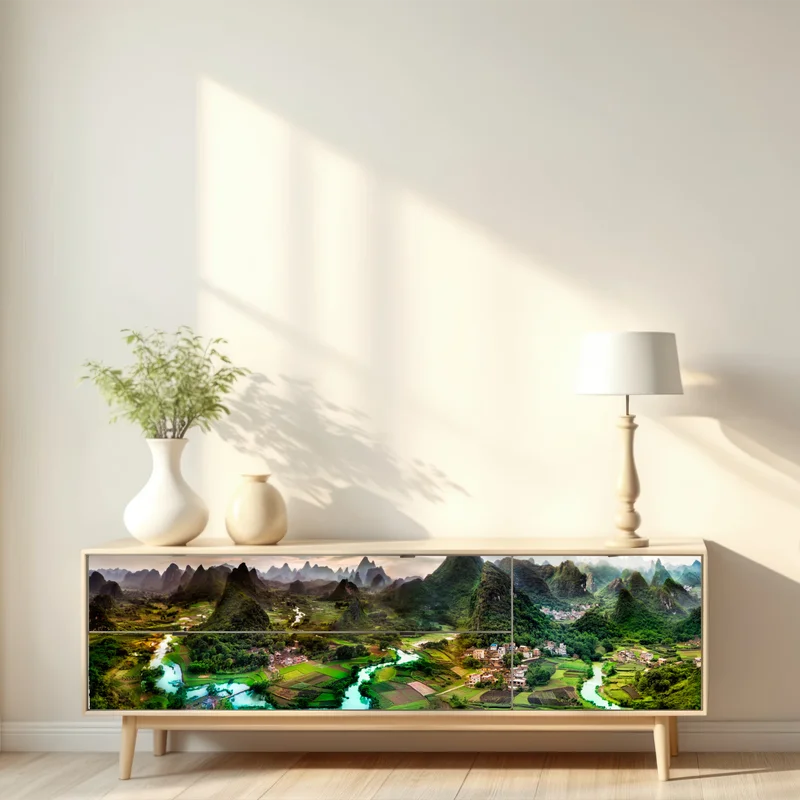 Repositionierbarer Aufkleber smaragdfluss zwischen karsthügeln panorama