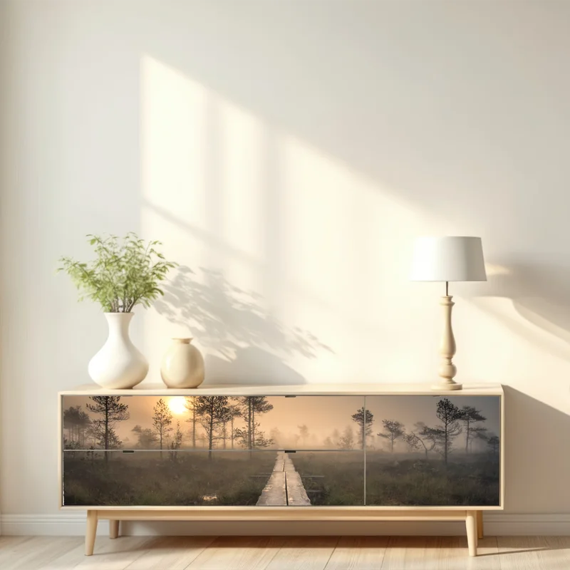 Repositionierbarer Aufkleber nebliger sonnenaufgang über dem holzsteg