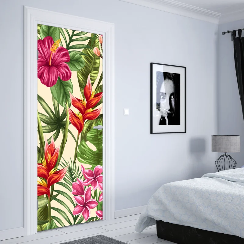 Türaufkleber tropisches blumenmuster mit hibiskus und plumeria