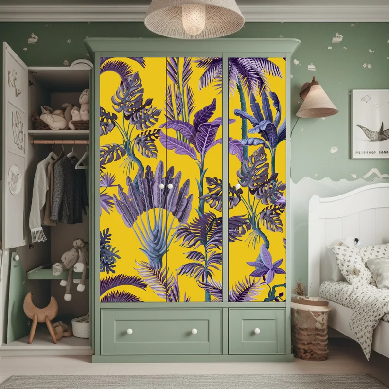 Schrankaufkleber tropische lila blätter auf gelbem hintergrund Schrankaufkleber tropische lila blätter auf gelbem hintergrund