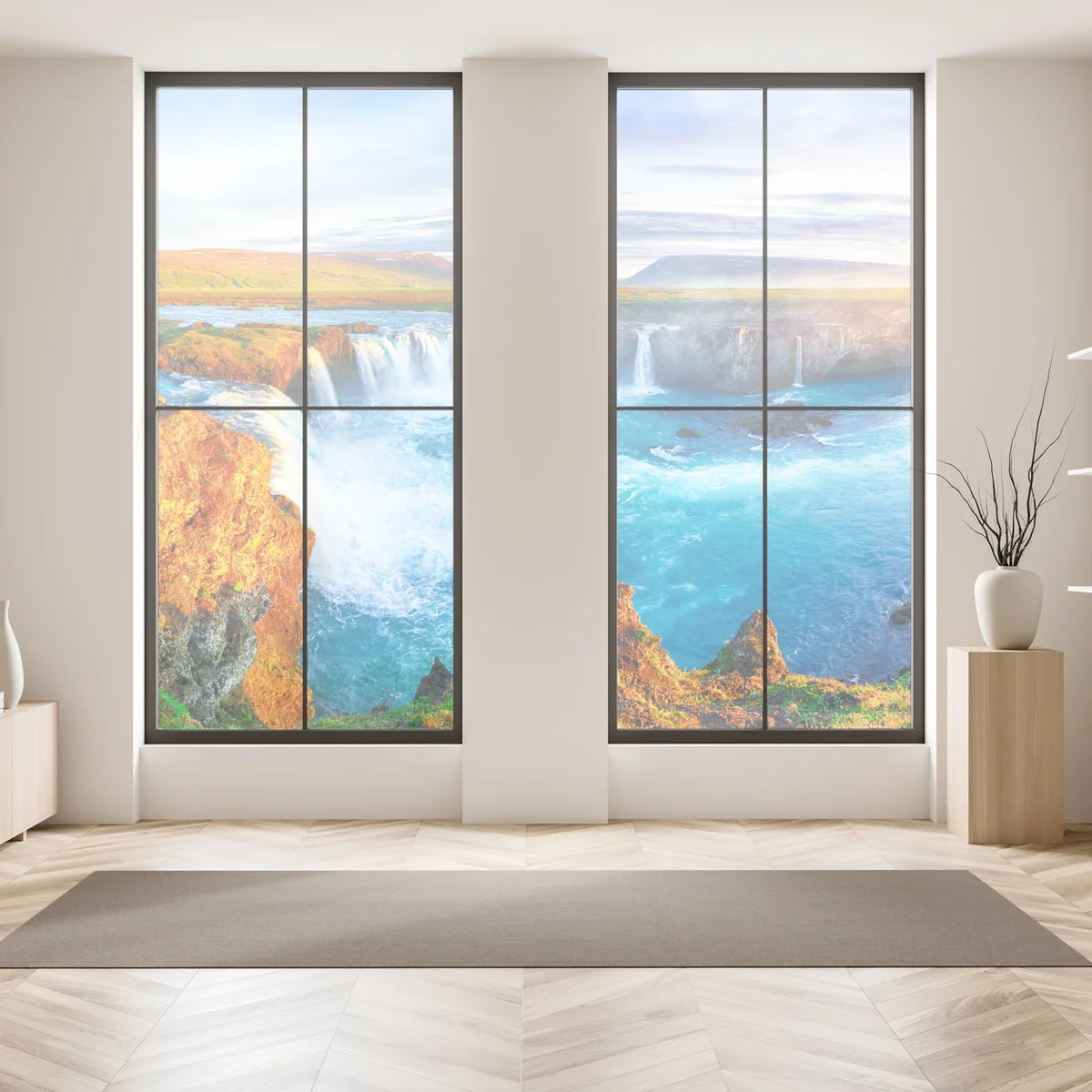 Naklejka na okno panorama wodospadu Godafoss o wschodzie słońca Naklejka na okno panorama wodospadu Godafoss o wschodzie słońca