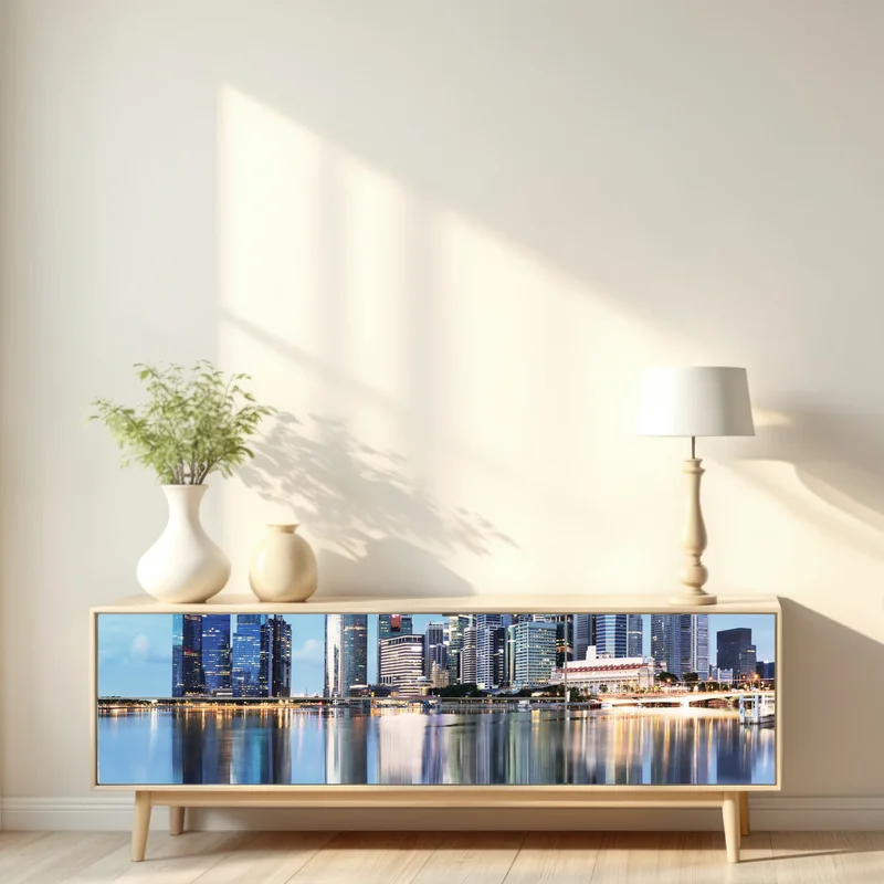 Repositionierbarer Aufkleber moderne stadtskyline gespiegelt im wasser