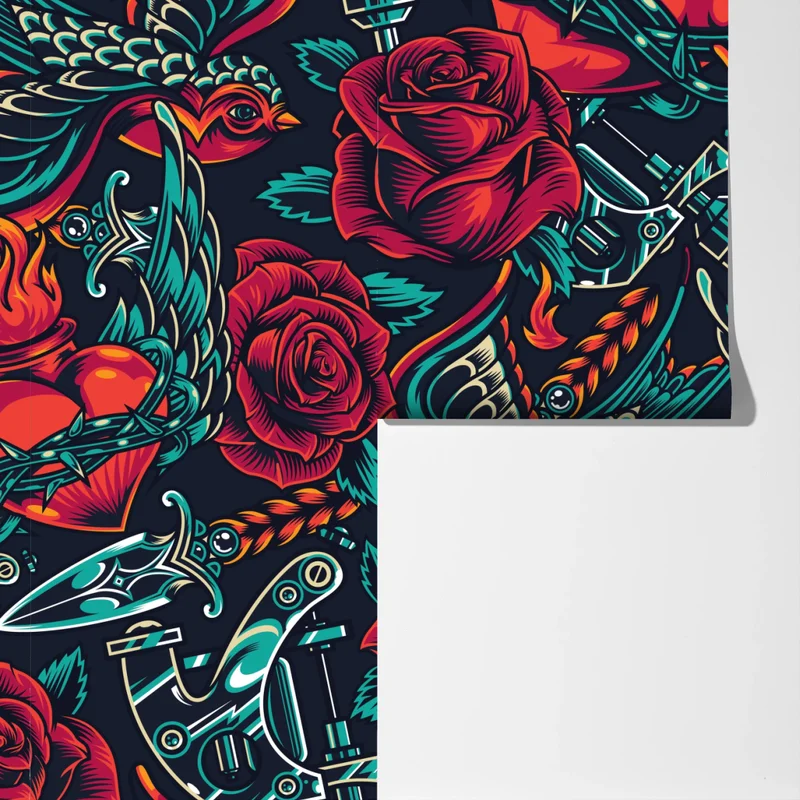 Fototapete kräftiges tätowierungsmuster mit rosen Fototapete kräftiges tätowierungsmuster mit rosen