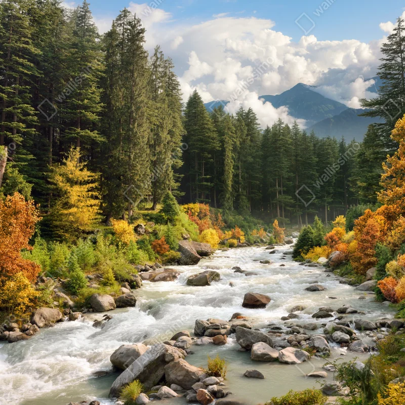 Fototapete herbstliche berglandschaft mit fluss Fototapete herbstliche berglandschaft mit fluss