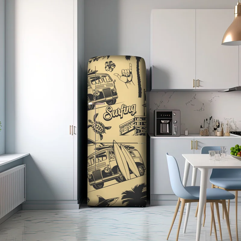 Kühlschrankaufkleber retro surfing muster mit campingbus und wellen