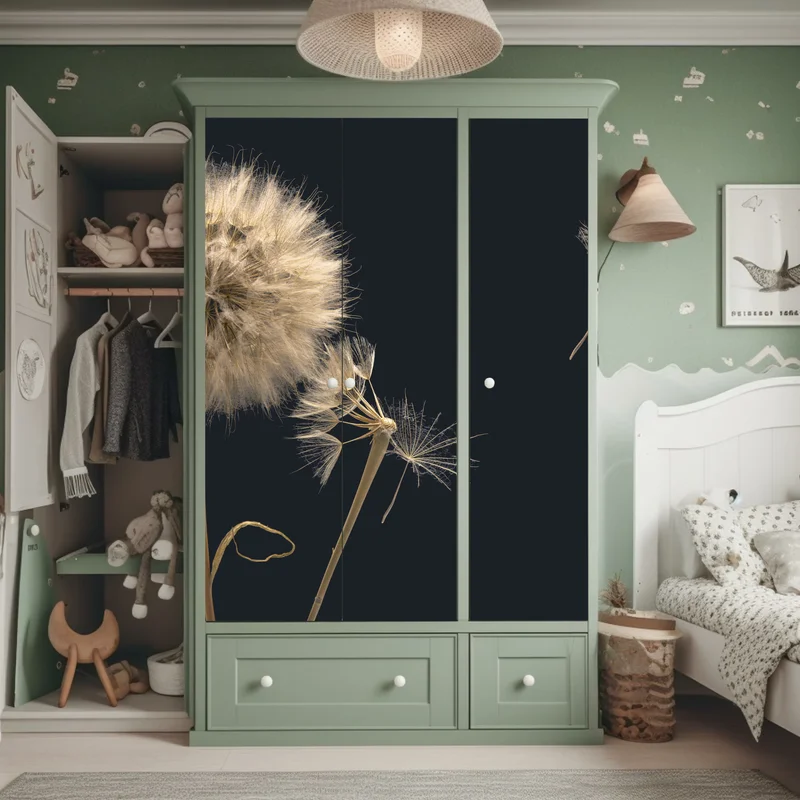 Schrankaufkleber zarter löwenzahn vor dunklem hintergrund Schrankaufkleber zarter löwenzahn vor dunklem hintergrund