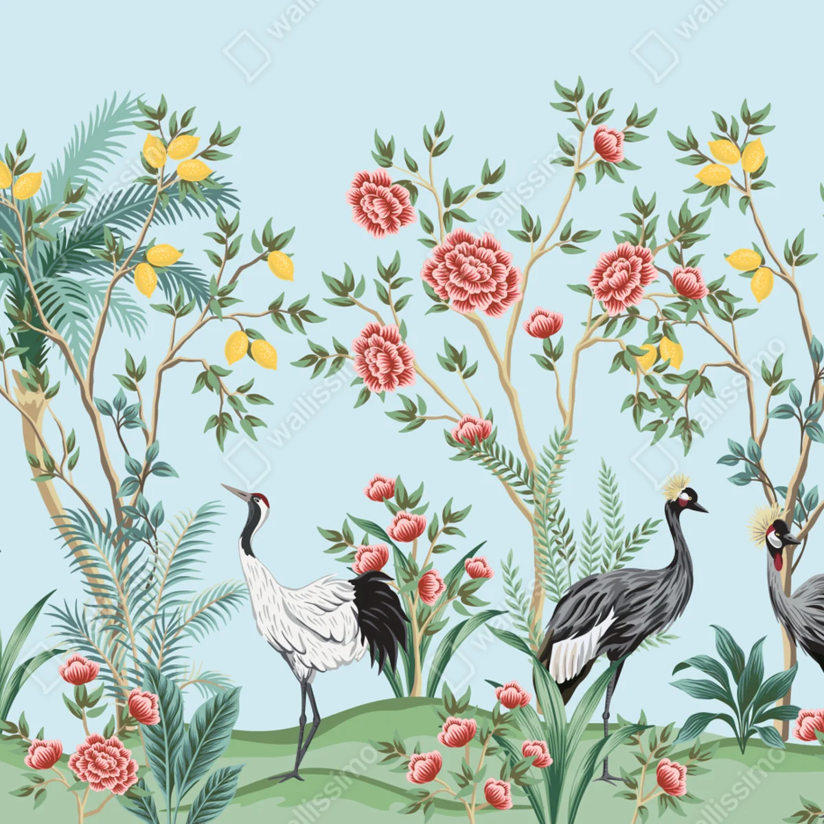 Repositionierbarer Aufkleber eleganter kranichgarten mit blüten Repositionierbarer Aufkleber eleganter kranichgarten mit blüten