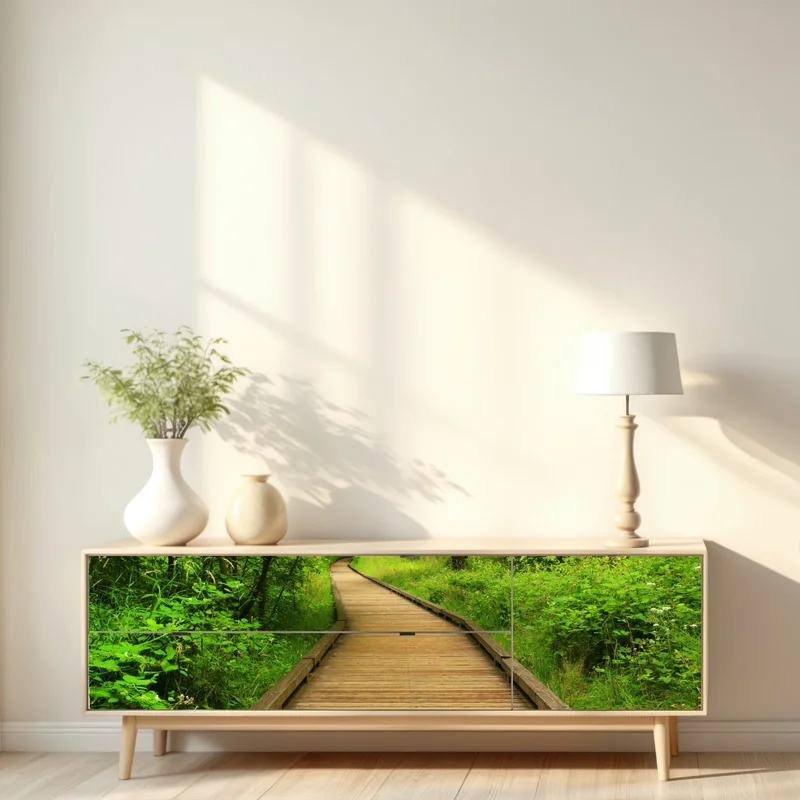 Repositionierbarer Aufkleber ruhiger holzsteg im wald Repositionierbarer Aufkleber ruhiger holzsteg im wald