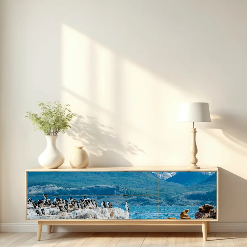 Repositionierbarer Aufkleber seelöwen und seevögel an der felsküste