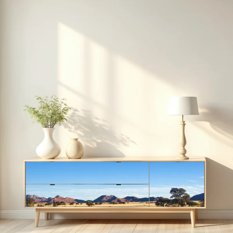 Repositionierbarer Aufkleber ruhige savannenlandschaft unter klarem blauem himmel