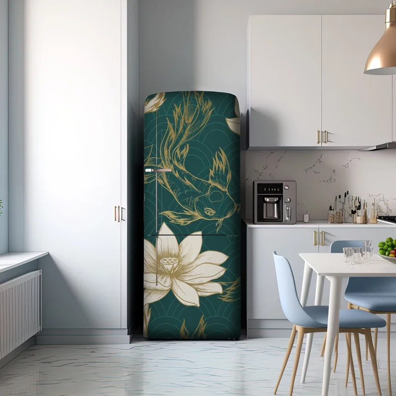 Kühlschrankaufkleber orientalisches koi- und lotosmuster in türkis und gold