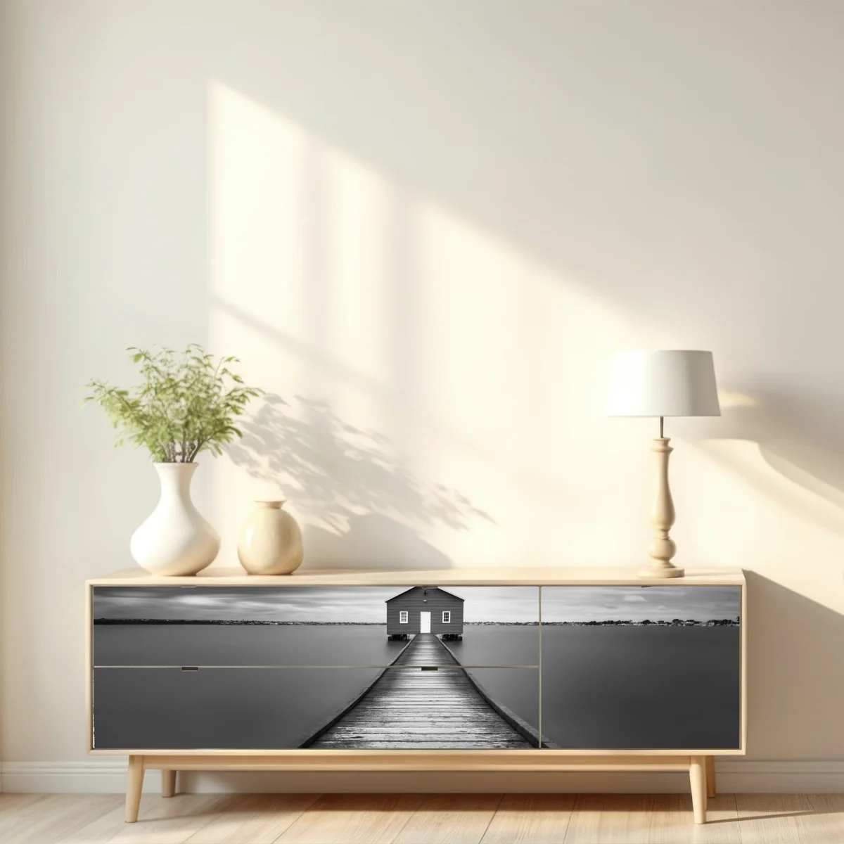 Repositionierbarer Aufkleber einsames bootshaus am ruhigen steg Repositionierbarer Aufkleber einsames bootshaus am ruhigen steg