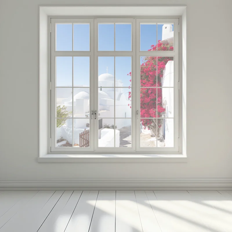 Fensteraufkleber sonnige gasse auf der insel mit leuchtender buganvillea