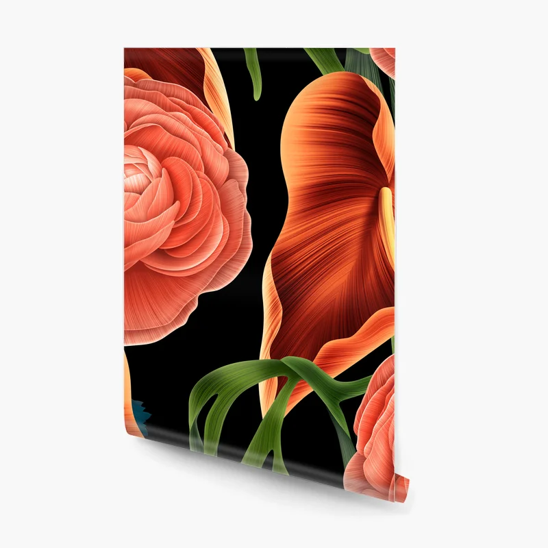 Fototapeta intensywny koralowy wzór kwiatowy na czarnym tle Fototapeta intensywny koralowy wzór kwiatowy na czarnym tle