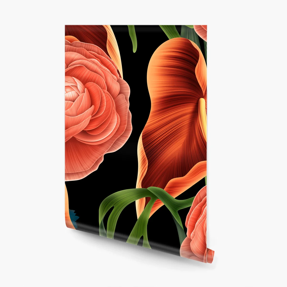 Fototapeta intensywny koralowy wzór kwiatowy na czarnym tle Fototapeta intensywny koralowy wzór kwiatowy na czarnym tle