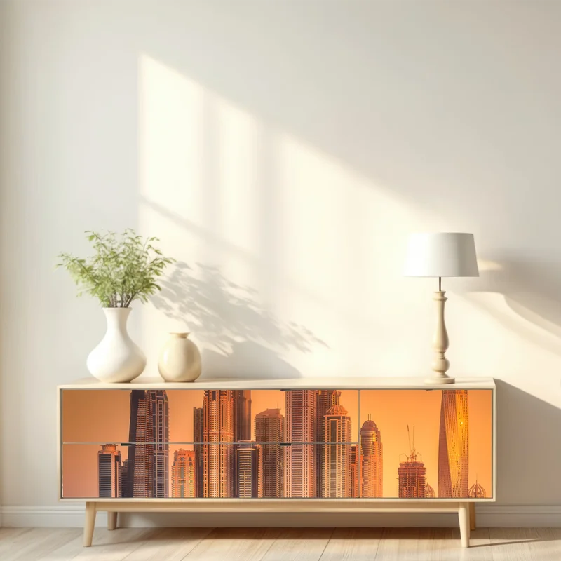 Repositionierbarer Aufkleber Dubai skyline im goldenen licht