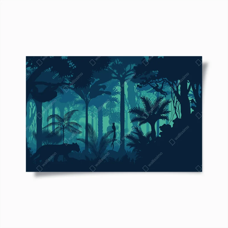 Poster Vektor Abend tropischen Regenwald Dschungel Hintergrund mit Jaguar, Faultier, Affe und qetzal • Poster bei Wallnifity® Poster Vektor Abend tropischen Regenwald Dschungel Hintergrund mit Jaguar, Faultier, Affe und qetzal • Poster bei Wallnifity®