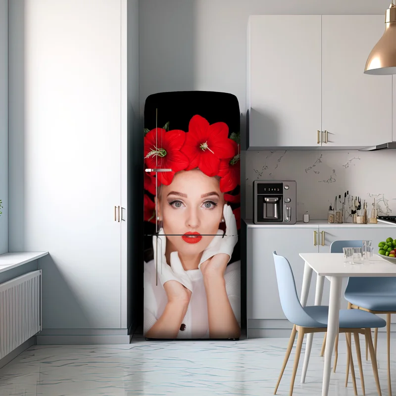 Kühlschrankaufkleber elegantes porträt mit rotem blumenkranz