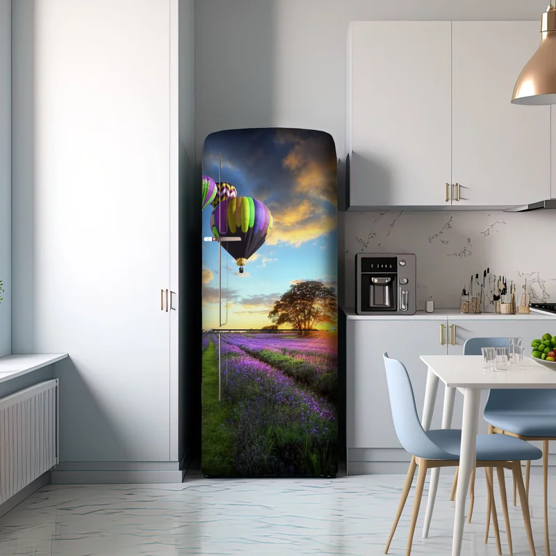 Kühlschrankaufkleber lavendersonnenuntergang mit bunten heißluftballons Kühlschrankaufkleber lavendersonnenuntergang mit bunten heißluftballons