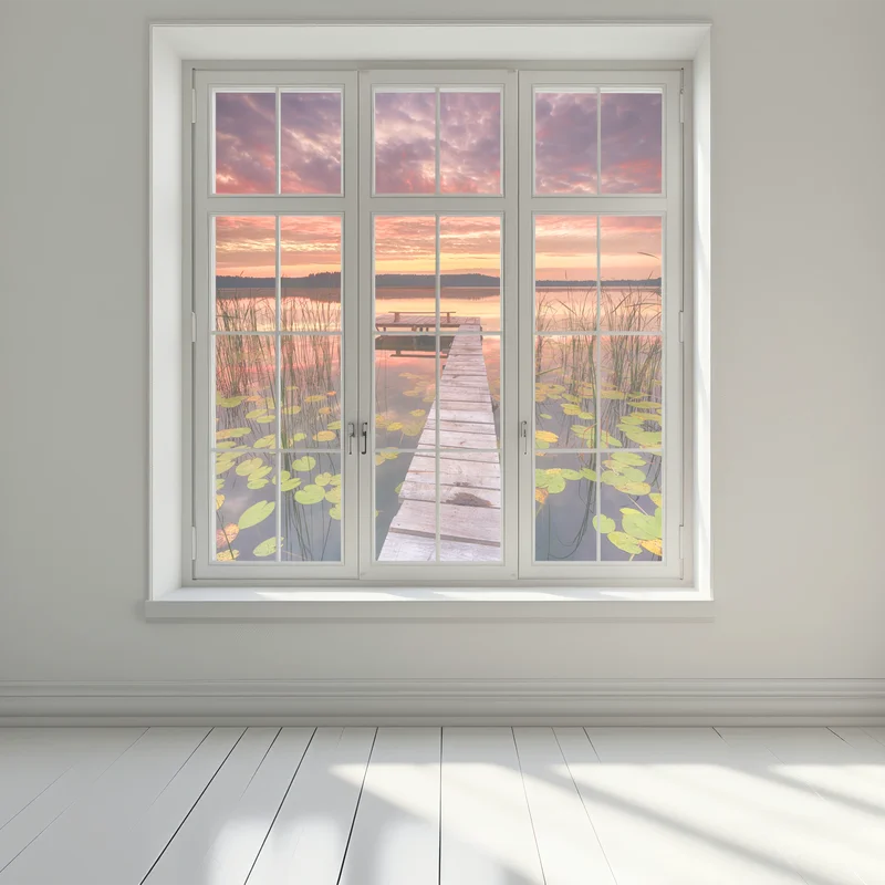 Fensteraufkleber sonnenaufgang über ruhigem see mit steg