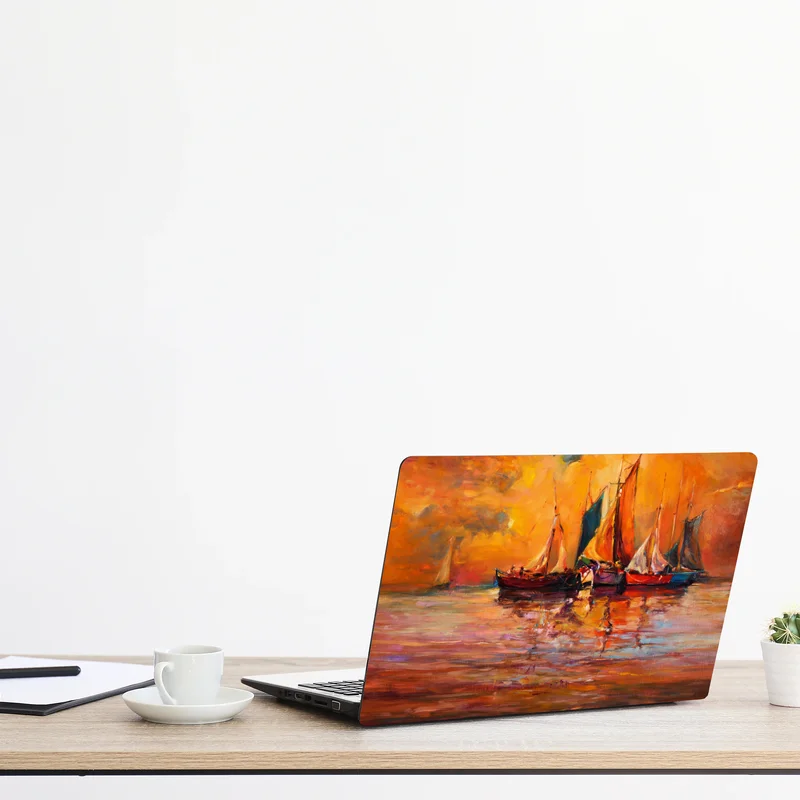 Laptop-Aufkleber goldener sonnenuntergang mit segelbooten