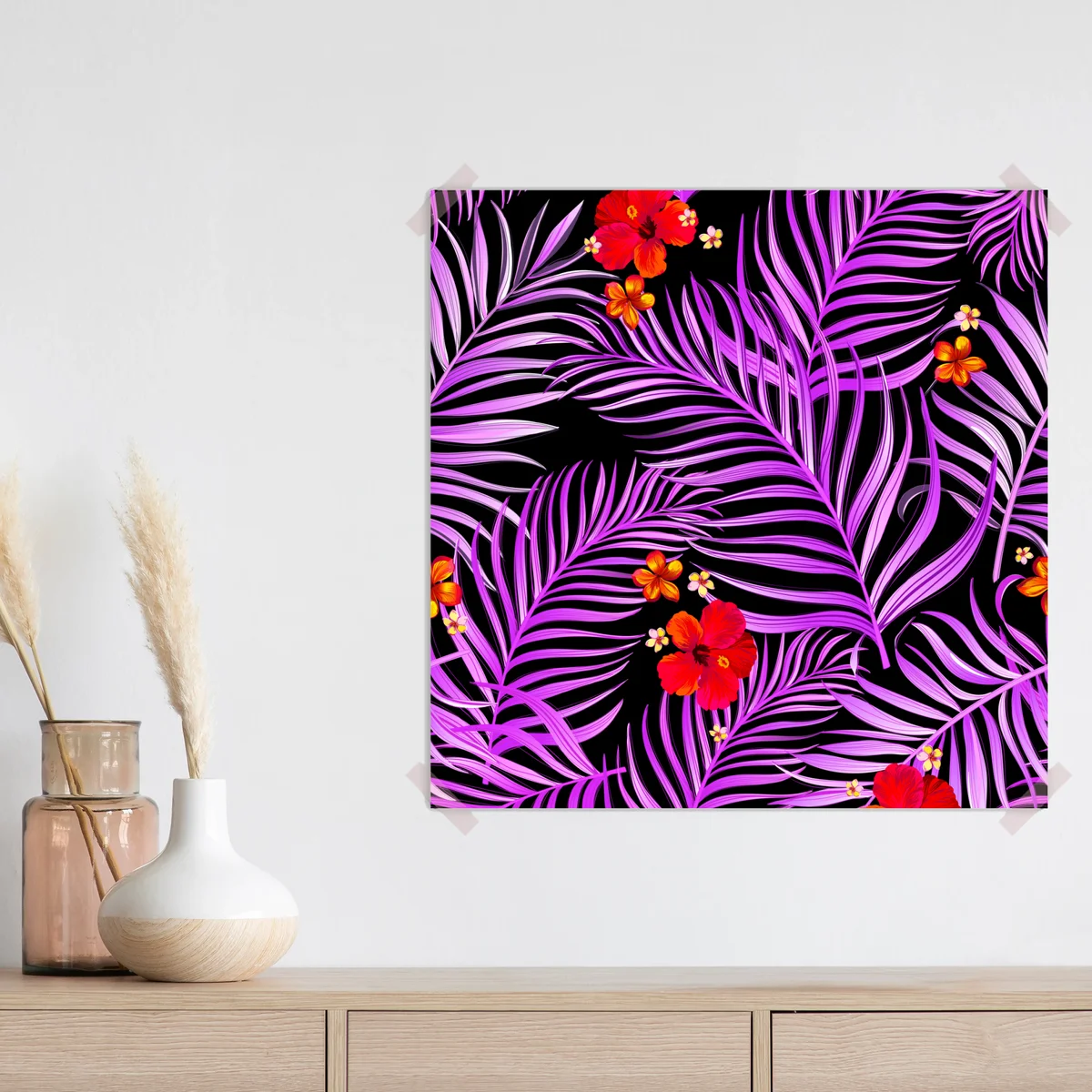 Poster lila palmenblätter und hibiskus blumenmuster • Poster bei Wallnifity® Poster lila palmenblätter und hibiskus blumenmuster • Poster bei Wallnifity®